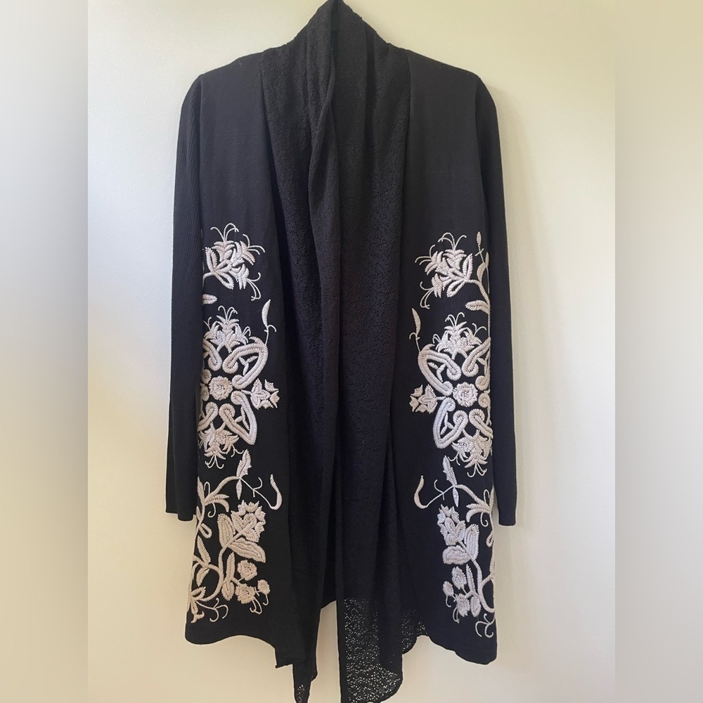Long Wool Cardigan with Floral Embroidery and Pointelle Lace - Picture 1 of 6
